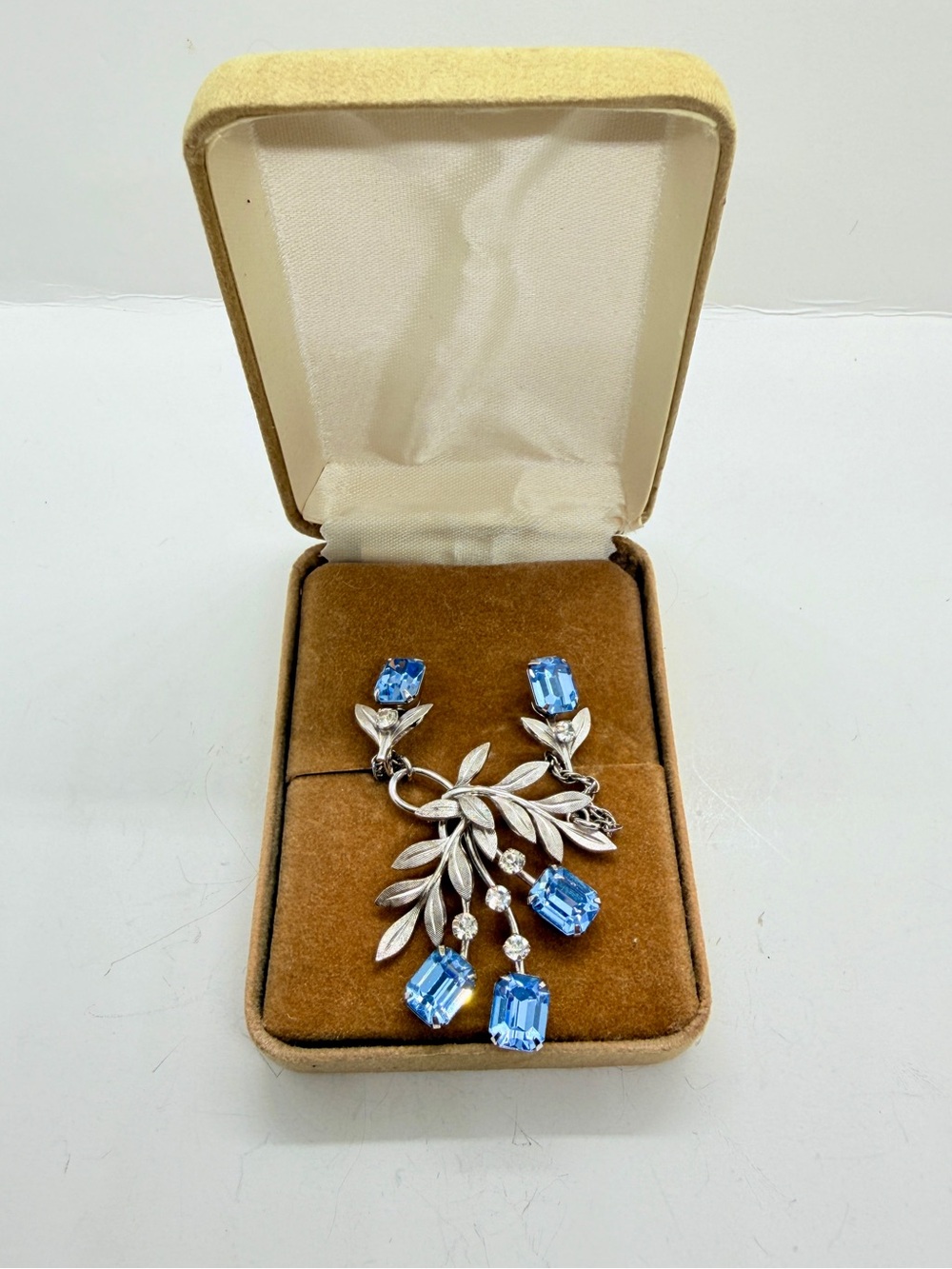 Vintage 40s A&Z Sterling Blue Rhinestone Leaf Necklace & Screw Back Earrings Set